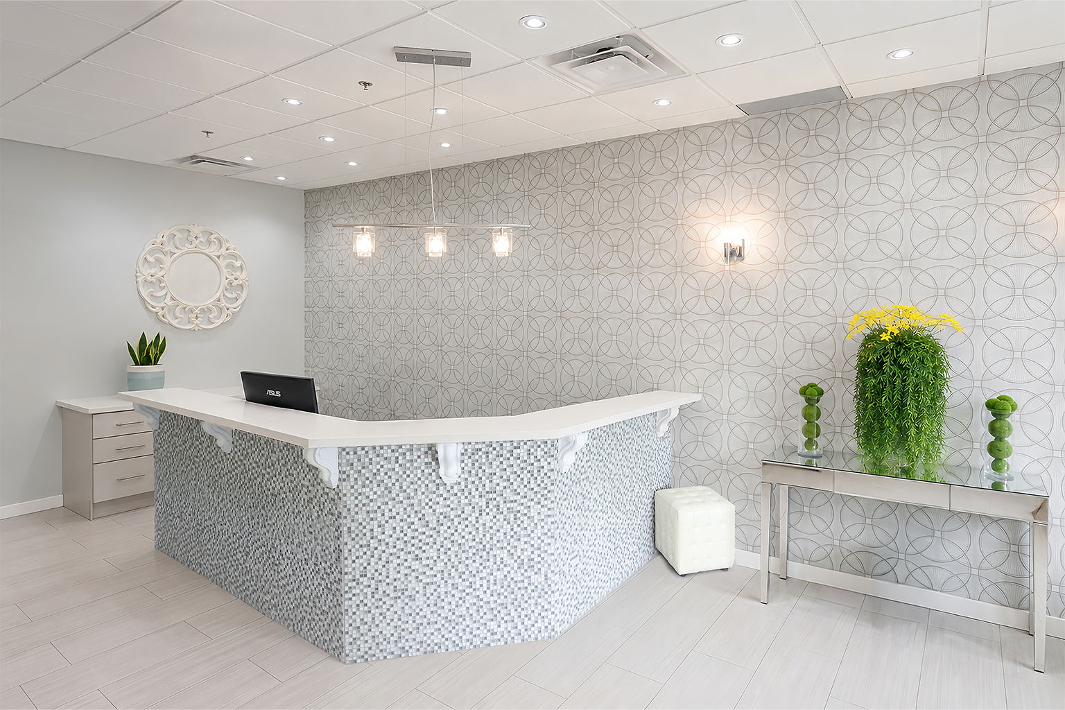 Front desk and patterned feature wall in the clinic lobby