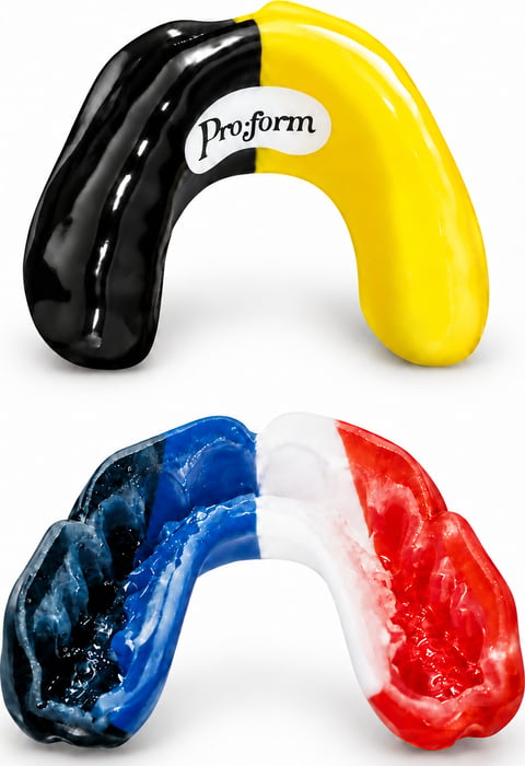 Two colourful custom-fit sports mouth guards, one above the other