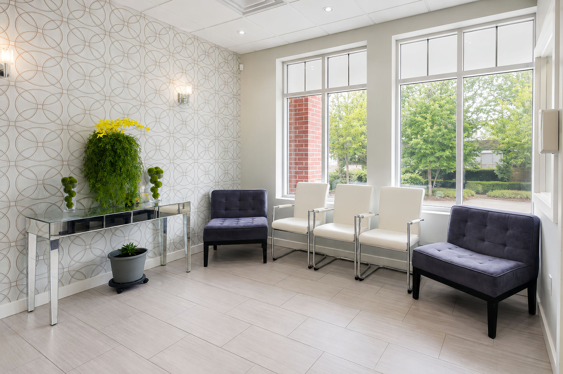 Sunlit patient waiting room with comfortable seating