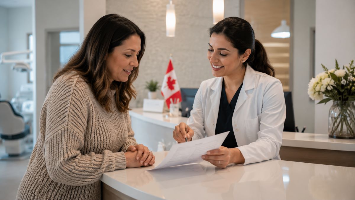 CDCP Dentist in Nobleton | Canadian Dental Care Plan Consultation CDCP dentist in Nobleton reviewing Canadian Dental Care Plan coverage with a patient