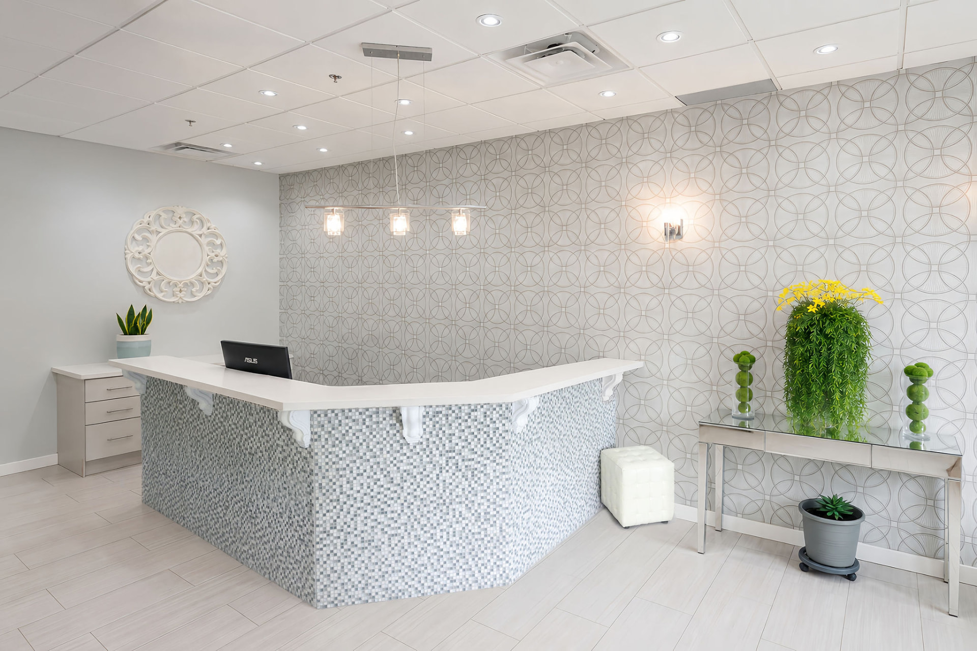 Front desk and patterned feature wall in the clinic lobby